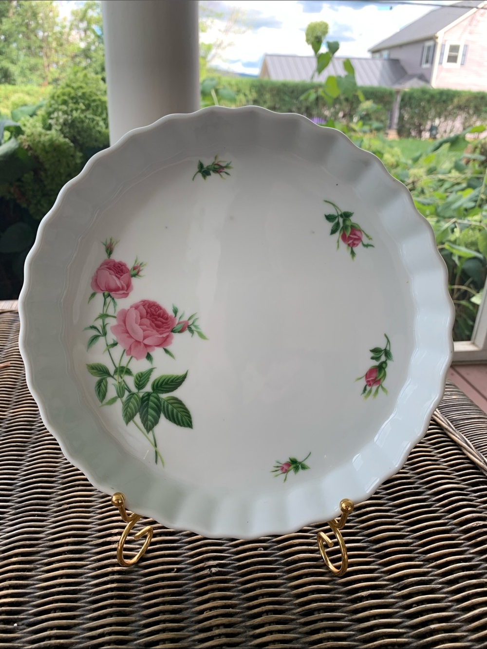 Vtg White Christineholm Porcelain Rose Fluted Quiche Pie Dish